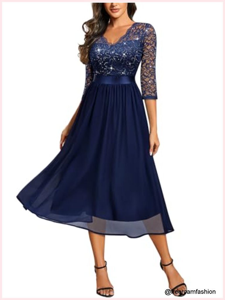 Elegant V Neck Sequin Lace Sleeve A-Line Dress